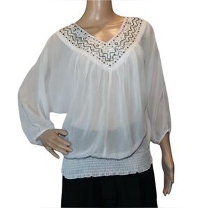 Studio Y Sheer Off White Bejeweled Beaded Long Sleeve Blouse XS